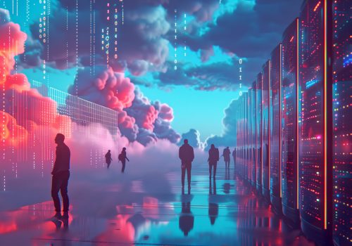 Illustration of an abstract data center with glowing binary code and cloud patterns in a futuristic tech environment, people walking between rows of advanced computer equipment with a colorful sky background containing clouds and raindrops, high resolution with detailed textures and vibrant colors. --ar 16:9 Job ID: c22c2557-9512-436b-9dbf-f03b5bec30a0